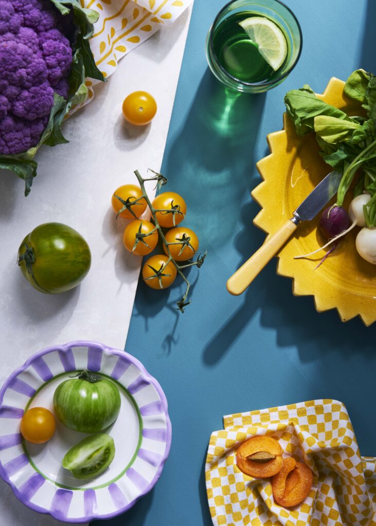 Bright, summery and bold interior photography. Tabletop. Credit to Charlie Goodge Photography.
