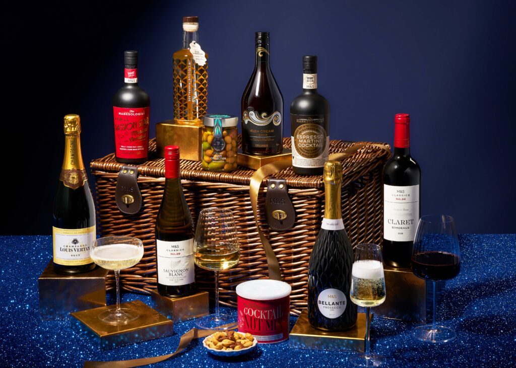 Food and Hamper Basket. Drinks Imagery by London Based Photographer, Charlie Goodge. M&S Christmas Drinks and Nibbles. Credit to Charlie Goodge