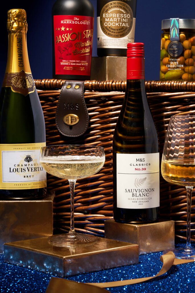 Food and Drinks Hamper. Drinks Imagery by London Based Photographer, Charlie Goodge. M&S Christmas Drinks and Nibbles. Credit to Charlie Goodge